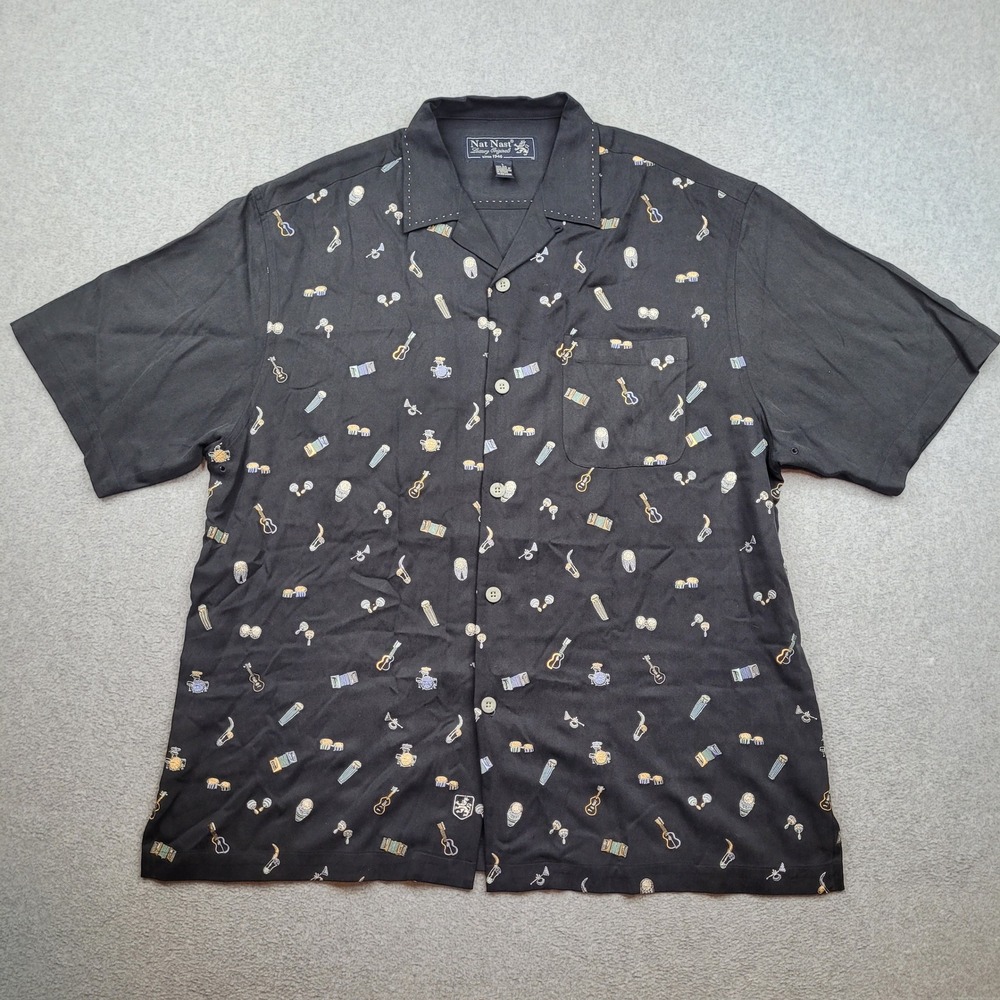 Nat Nast Button Down Shirt Mens Large Black Silk Instruments Music Sans Souci